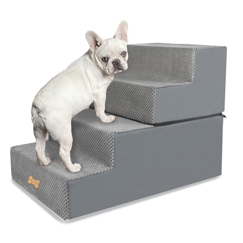 Nepfaivy Hundetreppe für Kleine Hunde 4-Stufig, Hundetreppe Hunderampe für Bett und Sofa aus Hochdichtem Schwamm, Haustiertreppe mit Abnehmbarem, Waschbarem Bezug und Rutschfestem Boden, 61x40x45cm