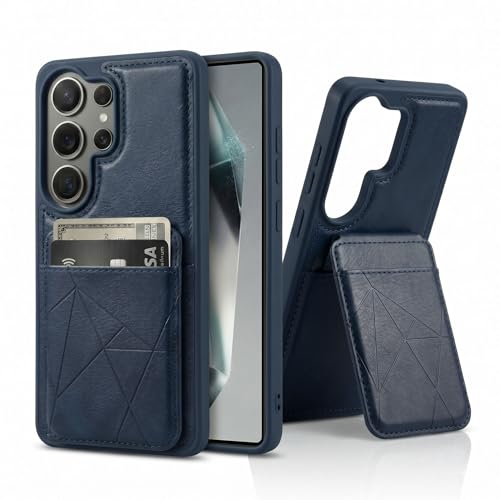 Image of amazon basics Premium Vegan Leather Back Cover with Card Holder and Integrated Mobile Stand for Samsung Galaxy S26 Ultra 5G - Slim Shockproof Wallet Case with Geometric Stitching [Blue]