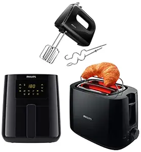 PHILIPS 1400W 4.1 L Digital Air Fryer, (Black, Large) & Philips HR3705/10 300-Watt Hand Mixer, Black & Ph