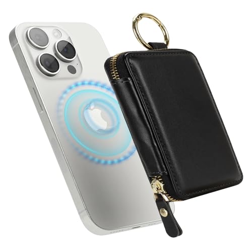 Image of Compatible with MagSafe Wallet,Magnetic Phone Wallet Card Holder for iPhone 17 /16 Pro Max /15 plus /14 Pro /13 /12 Series,PU Leather Zipper Pocket Adjustable Stand-Black