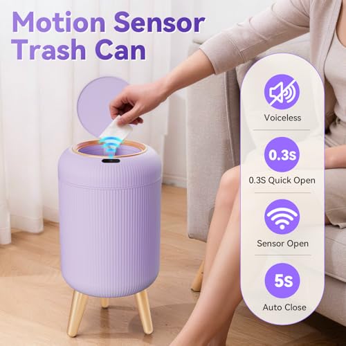 Image of Motion Sensor Bathroom Trash Can with Lid, 3 Gallon /11L Automatic Bathroom Wastebasket,Touchless Trash Bin with Removable Legs for Kitchen,Office,Toilet,Bedroom,Smart Sensor Trashcan-Purple
