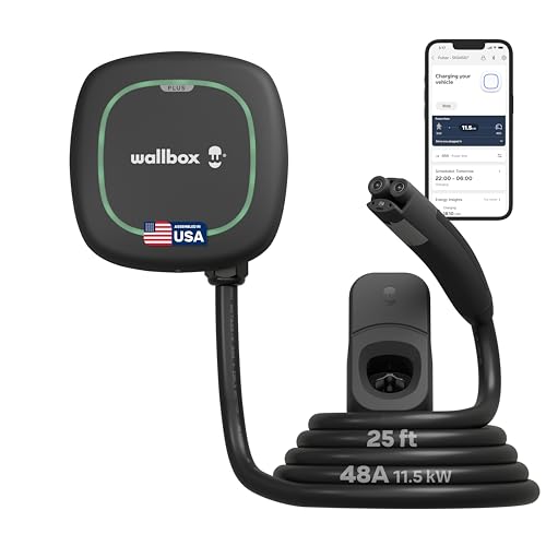 Wallbox Pulsar Plus Level 2 EV Charger 48 Amp - 11.5kW 240V Wall Home EV Charger - NACS for Tesla 25ft Cable - Outdoor and Indoor EVSE - Energy Star and UL Certified - Assembled in USA