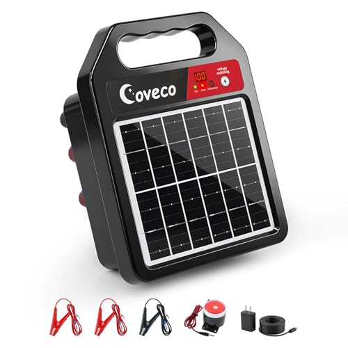 3in1 20Miles Solar Electric Fence Charger(0.13J-0.33J) with Short Circuit & Open Circuit Alarms Adjustable 8KV to 10KV Real-Time Battery Level Light & 110 dB Removable Alarm 14 Days Protection