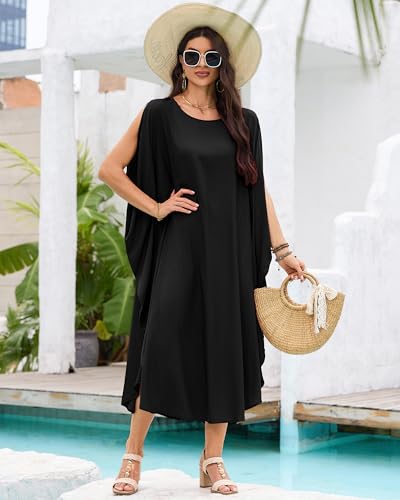 Bsubseach Kaftan Dresses for Women Batwing Sleeve Beach Cover Up Solid Color Plus Size Caftan Long Loungewear Dress3