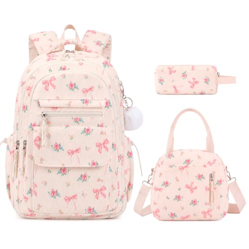 Bevalsa Backpack for Girls, 3PCS Corduroy Kids Backpack Set