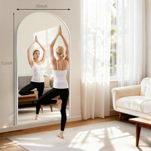 Image of Large Full Length Mirror, 30 inchx71 inch Arched Floor Mirror Full Length with Stand, Room Decor Big Full Body Mirror with HD Tempered Glass Aluminum Frame for Bedroom Living Room,White