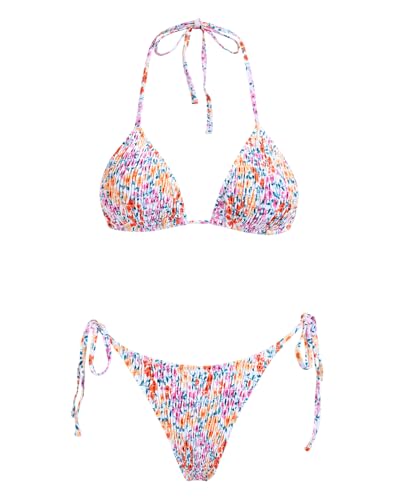Image of Women's Triangle Bikini Set String Swimsuit Print Tie Smocked Ruched Two Piece Bathing Suit