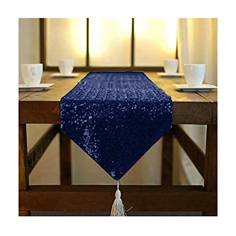 Navy Blue Sequin Tassel Table Runner Cover