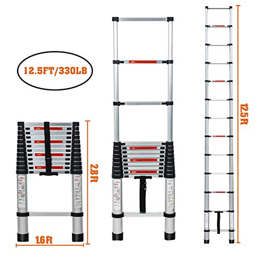 SUNCOO 12.5 FT Extension Ladder, Lightweight Aluminum Telescoping Ladders, Easy Retraction Anti-Slip Telescopic Extendable Climb Attic Ladder with Spring Loaded Locking Mechanism, 330 lbs Capacity