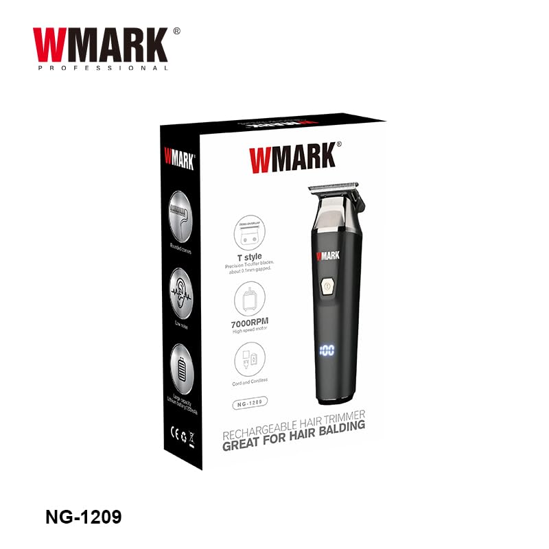 Image of WMARK NG-1209 Rechargeable Hair Trimmer T-Style Stainless Steel Blade 7000 RPM Motor, 1200mAh Lithium Battery Low Noise Corded and Cordless Use LED Battery Display 180 Minutes Runtime USB-C Charging
