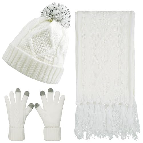 VanRolldex Warm Scarf Glove Hat Beanie Set - Cable Knit Winter Gift Set Pom Cap Touch Screen Glove Long Scarf 3 PCS Set for Women (Cream)