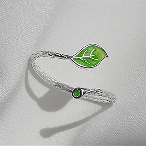 Enamel Green Leaf Branch Promise Ring for Women Silver Plated Engraved Leaves Stackable Open Band Finger Rings Adjustable Expandable Comfort Fit Minimalist Engagement Jewelry for Lover Wife4