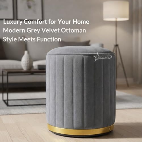 Image of Upholstered Round Linen Strip Stool Living Room Foot Rest Office Stool Pouf Ottoman Padded Seat - Grey