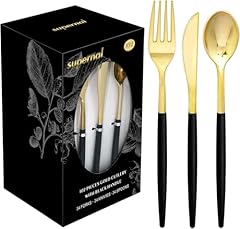102PCS Gold Plastic Cutlery with Black Handle