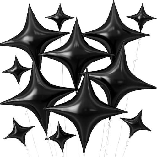 Image of Black Star Balloons,12Pcs Four Angle Star Foil Balloons | 26Inch and 10Inch Black Quadrangle Star Helium Balloon for Birthday Halloween Graduations New Year Party Decorations