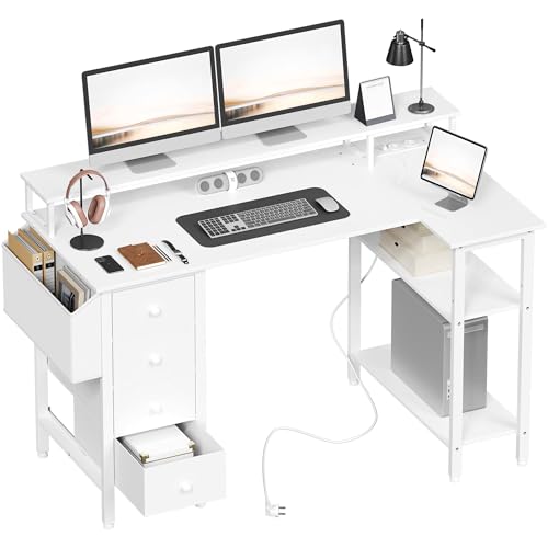 Abician Bureau d'angle Réversible, 120x68cm Bureau Gaming en L avec Port De Charge USB Et Prise De Courant, avec 4 Tiroirs, Table Ordinateur avec Support...