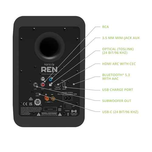 Image of Kanto REN 200W Powered Speaker System with HDMI ARC Input for TV & Home Theater | USB-C and Bluetooth 5.3 | High /Low Pass Filter | Pair | Matte Black