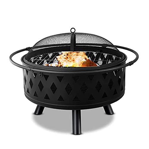 ZJFHEYUO Brasero Grande de 32 Pulgadas, brasero Exterior de Tejido Cruzado, brasero Redondo con Rejilla de póquer, Parrilla para Barbacoa, brasero para Patio, jardín, Camping