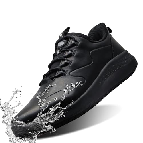 Delobi Non Slip Work Shoes for Men Slip on Waterproof Kitchen Chef Restaurant Walking Sneakers Comfortable Food Service Working Footwear Leather Nursing Shoe Size 12 Black