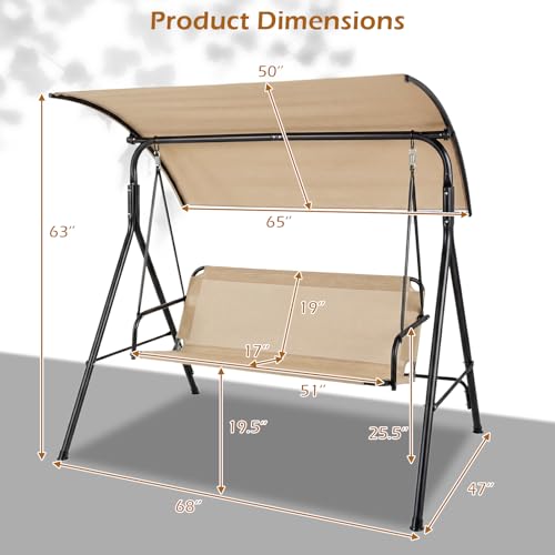 Image of Tangkula 3 Person Porch Swing, Patio Swing with Adjustable Canopy, 800 lbs Heavy-Duty Metal Frame & Breathable Fabric Seat, Outdoor Swing for Backyard Lawn Deck