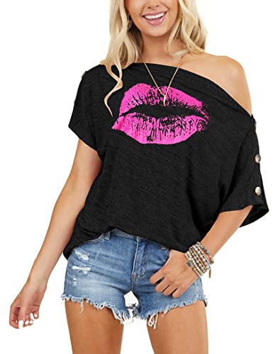 Dressmine Blusa de verano para mujer, con hombros descubiertos, manga corta, estilo murciélago, sexy, holgada, con botones, 0 negro, XL