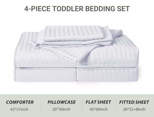 Image of ZPECC Toddler Bedding Set - 4 Piece Hypoallergenic Baby Crib Bedding Set for Boys and Girls, Includes Toddler Comforter, Flat Sheet, Fitted Sheet and Pillowcase, White Stripe
