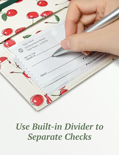 Image of Yarnic Checkbook Cover for Personal Checkbook, Checkbook Holder with Pen Holder & Built-in Clear Plastic Divider for Duplicate Checks (Cream Cherry)