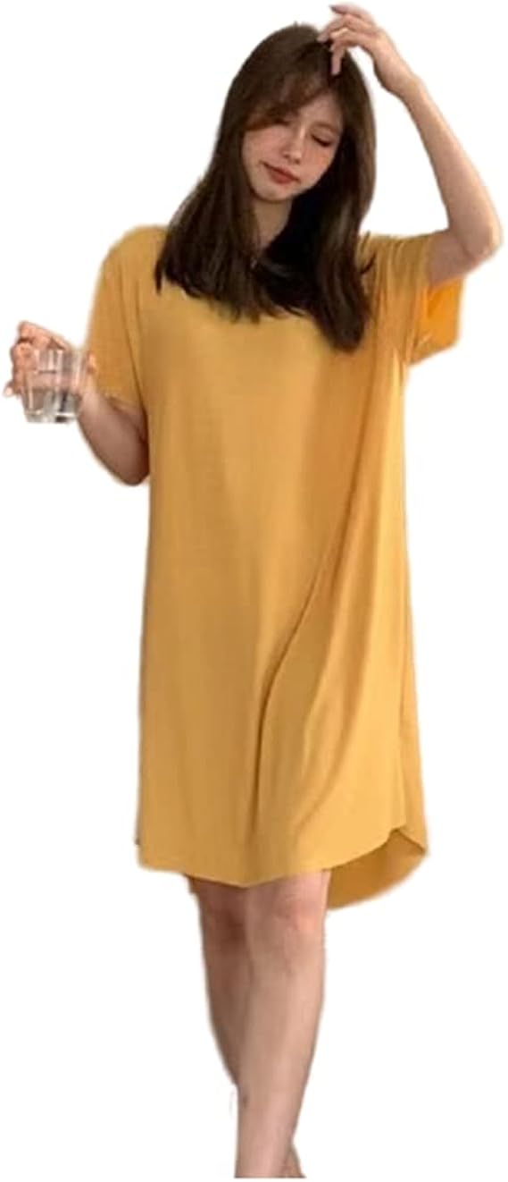 Amazon ルームワンピース パジャマ レディース ワンピース 夏用 半袖 室内着 女性用 婦人用 寝巻き インナー ルームウェア 部屋着 シンプル 無地 誕生日 丸首 薄手 フリーサイズ イエロー ルームワンピース ネグリジェ 通販