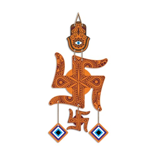 Image of Artvibes Traditional Swastik Wall Hanging with Hamsa Hand & Evil Eye Charms | Wooden Vastu Decor for Home Entrance | Temple | Spiritual Hanging for Prosperity | Protection and Good Luck (WH 85104N)
