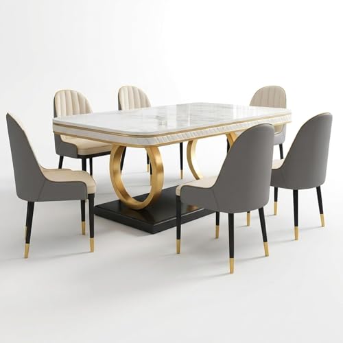 Image of 6-Seater Dining Table with Nano Composite Marble Top and PVC Golden Wooden Base |2yr Warranty - Includes 6 Fabric Upholstered Chairs (Grey&Cream, White Nano Composite Marble Top)