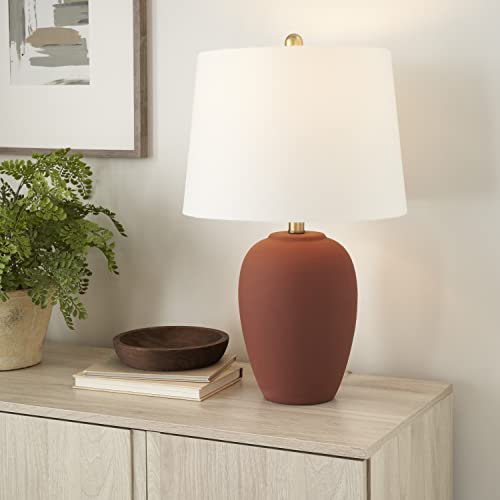 Image of Nourison Home 23 inch Rust Orange Ceramic Pot Table Lamp for Bedroom, Living Room, Dining Office, with White Tapered Drum Shade