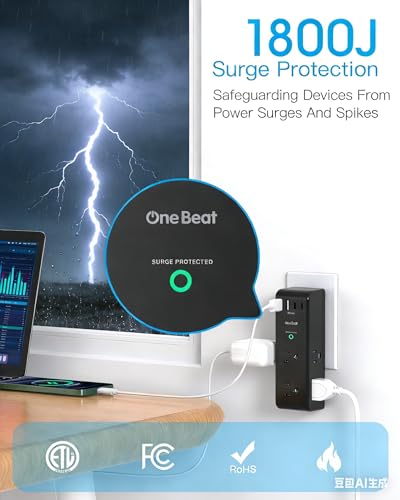 Image of Surge Protector Outlet Extender with Rotating Plug, 6 AC Multi Plug Outlet with 4 USB Ports (2 USB C), 3-Sided 1800 J Swivel Power Strip with Spaced Outlet Splitter for Home Dorm, Black, 2 Pack