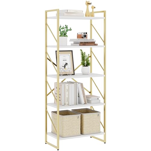 Bookshelf, 5 Tier Bookshelves, Home Office Bookcase Shelf Storage Organizer, Free Standing Storage Shelving Unit for Bedroom, Living Room and Home Office,Gold