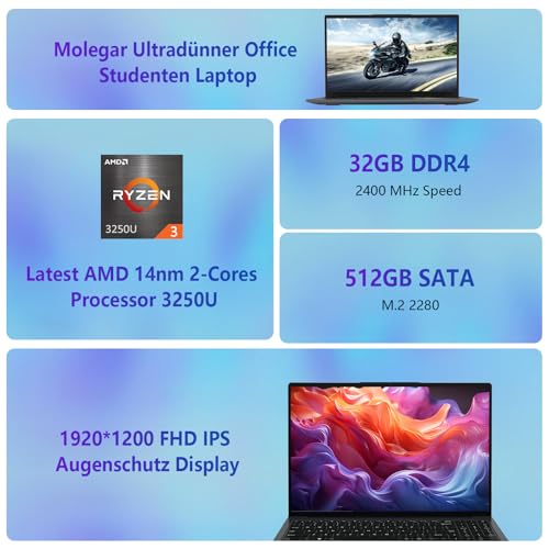16 Zoll Laptop mit Beleuchteter Tastatur,1920×1200 FHD IPS Display,32GB RAM 512GB SSD,AMD Ryzen3 3250U,1MP Webcam,WiFi,BT,HDMI,USB,Type-C,Fingerprint,Numpad,für Business und Studenten – Bild 3