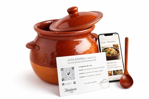 Olla/Puchero de Barro Refractario GRANDE Esmaltada 6 L – con Tapa y Asas – Incluye Cuchara de Madera + QR con Recetas y Guía – Cocción Lenta para Guisos Tradicionales