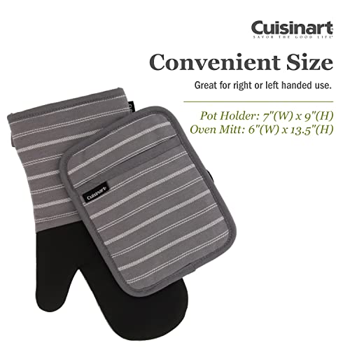 Cuisinart Neoprene Oven Mitts And Potholder Set-Heat Resistant Oven Gloves To Protect Hands And Surfaces With Non-Slip Grip, Hanging Loop-Ideal For Handling Hot Cookware Items,Twill Stripe Titan. Grey #TOP4