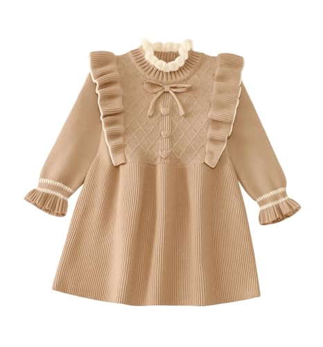 Image of Bold N Elegant Girls Winter Woolen Sweater Dress with Ruffles & Bow | Full Sleeve Woolen Warm Dress for Infant Toddler Baby Girls