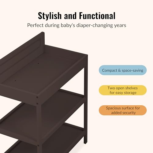 Image of Dream On Me Avery Baby Changing Table with Storage, New Zealand Pinewood, BSA Safety Certified, 2 Open Shelves, Water-Based Finish, Compact Space-Saving Nursery Design, Chocolate Chip