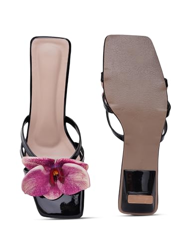 Image of TRYME Floral Embellished Slip-On Kitten Heel Sandals for Women & Girls|Comfortable Light Weight Open Toe Sandals