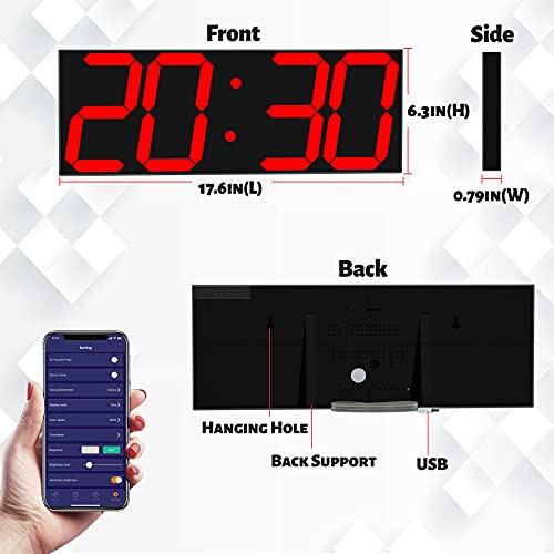 Chkosda Digital Wall Clock, Led Wall Clock With 6" Numbers, Count Up/Countdown Timer With Wireless Control, Adjustable Brightness/Calendar/Thermometer, Easy Set Up Via Mobile Phone (Red) #TOP1
