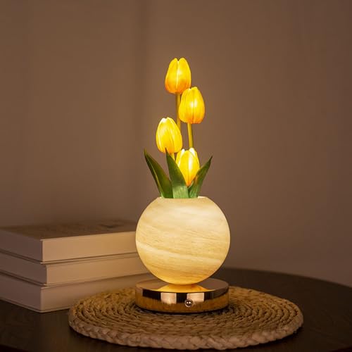 wpdash Eternal Tulip - Luz nocturna de 3 colores, recargable, naranja, simulado, tulipán, lámpara de mesa pequeña con maceta amarilla para decoración de restaurante, habitación infantil