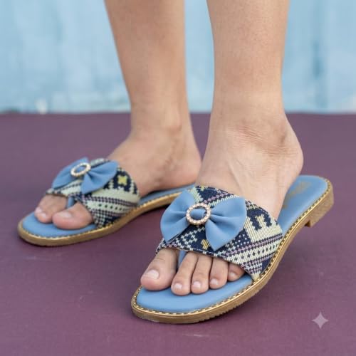 Image of Women's Printed Bow Detail Flat Sandals | Casual Comfort Slippers for Girls