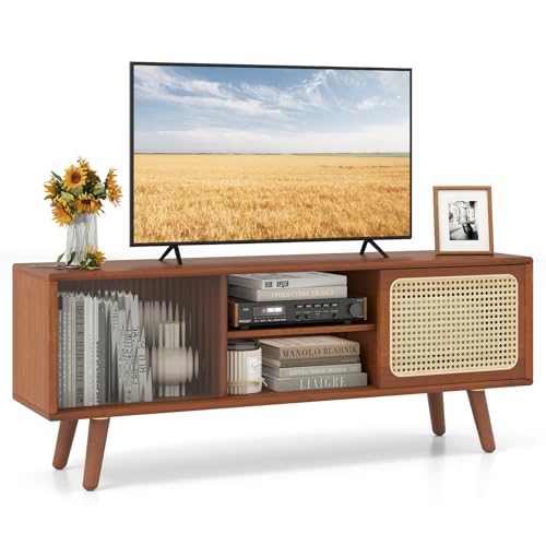 COSTWAY TV Schrank Bambus, TV Lowboard mit Rattan- & Glasschiebetür, Fernsehtisch mit verstellbarem Einlegeboden, Fernsehschrank für TVs bis 55 Zoll, 120,5 x 31 x 45,5 cm (Braun) COSTWAY TV Schrank Bambus, TV Lowboard mit Rattan- & Glasschiebetür, Fernsehtisch mit verstellbarem Einlegeboden, Fernsehschrank für TVs bis 55 Zoll, 120,5 x 31 x 45,5 cm (Braun)