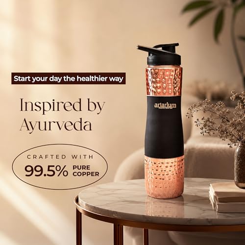 Image of Artarium Sipper Bottle 100% Pure Lightweight Copper Water Bottle Leak Proof Protection Durable & Rust Proof Hammered Copper Bottle With Added Health Benefits (Sipper Water Bottle Black 1 Litre)