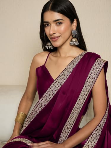 Image of AKHILAM Women's Satin Solid Ready To Wear one Minute Saree with Unstitched Blouse Piece