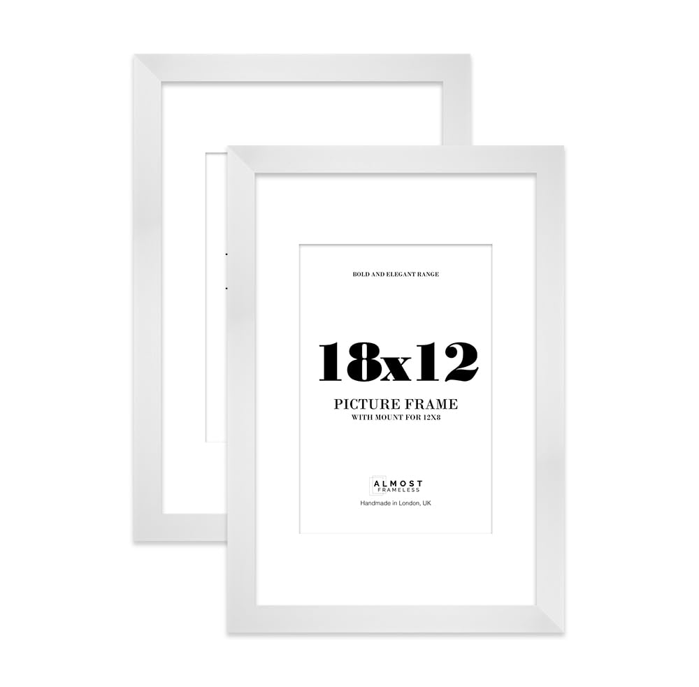 18x12 White Frame With Mount for 12x8 Pictures 28mm Edge Portrait and Landscape Display with Wall Hooks, 2 Pack