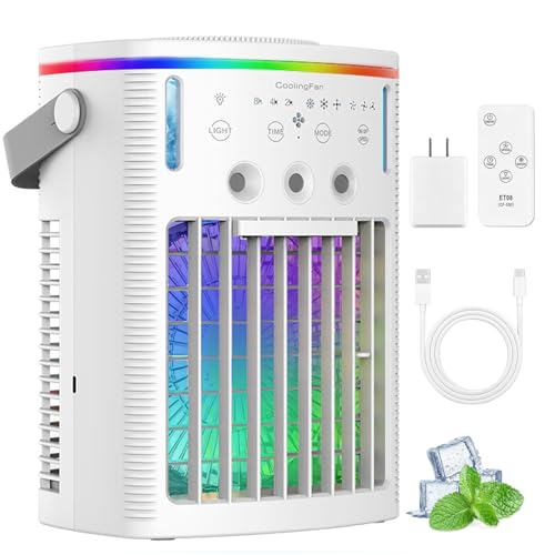Portable Air Conditioner, Cooling Fan with 1L Water Tank, 3 Speeds & 3 Modes, 2-8H Timer, Remote & Touch Control, 7 Color Light Evaporative Air Cooler Personal Ac Units for Home,Office, Camping, RV