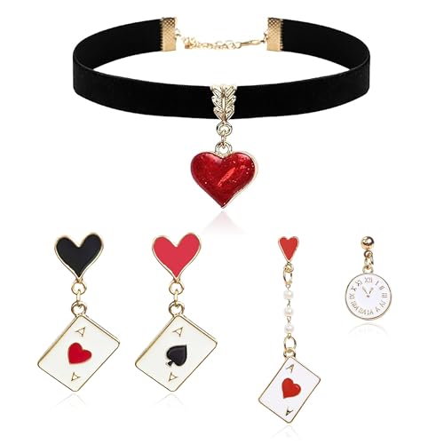 Harry and Henry Queen of Hearts Costume Women Black Choker Necklace Queen of Hearts Crown Earrings Necklace Set Cosplay Accessories Halloween Jewelry