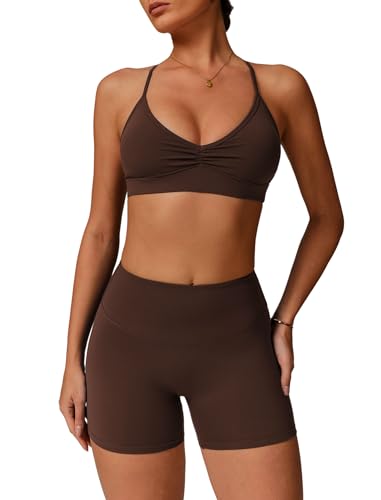 Women Two Piece Workout Sets Support Ruched Cross Back Sports Bras Matching Booty Lifting Shorts Gym Yoga Outfits