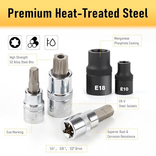 Image of 107-Piece Master Torx & Allen Bit Socket Set, S2 Steel, 1 /4 inch 3 /8 inch 1 /2 inch Drive, Long Torx, Ball End Hex, Tamper-Resistant Star, E-Star Sockets, SAE & Metric (Chrome-Polished Set)